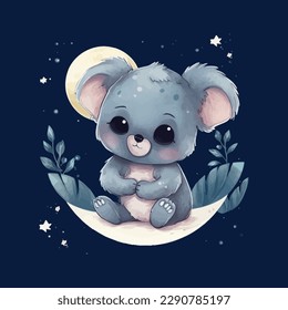 Cute cartoon kawaii baby koala watercolor illustration