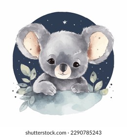 Cute cartoon kawaii baby koala watercolor illustration