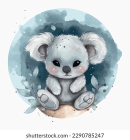 Cute cartoon kawaii baby koala watercolor illustration