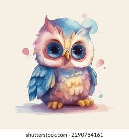 Cute cartoon kawaii baby owl watercolor illustration