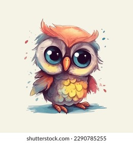 Cute cartoon kawaii baby owl watercolor illustration