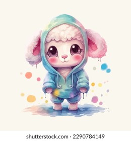 Cute cartoon kawaii baby sheep watercolor illustration