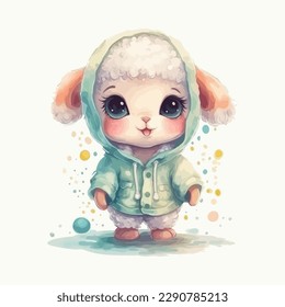 Cute cartoon kawaii baby sheep watercolor illustration