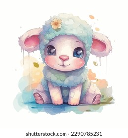 Cute cartoon kawaii baby sheep watercolor illustration