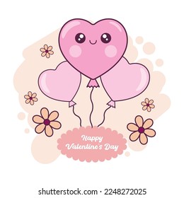 Cute cartoon kawaii balloon characters and flowers beige background  Hand drawn greeting card for birthday wishes  happy Valentine's Day  Love  romantic concept 