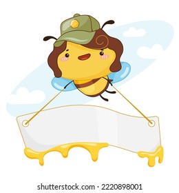 Cute cartoon kawaii bee smiling with empty sign. Element for print, postcard and poster. Vector illustration