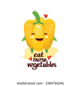 Cute cartoon kawaii bellpepper. Vector isolated illustration of yellow pepper with text eat more vegetables.