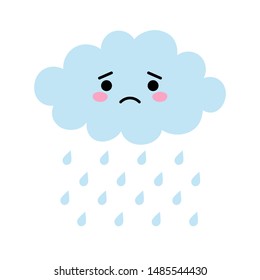 Cute cartoon kawaii blue cloud with rain drops with sad face emotion. Weeping cloud vector illustration