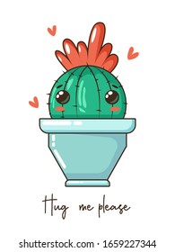 Cute cartoon kawaii cactus with funny face in pot, crown flower and wishes. Vector hand drawn illustration, fashion slogan. Nursery design poster, birthday, greeting cards, invitations or like sticker