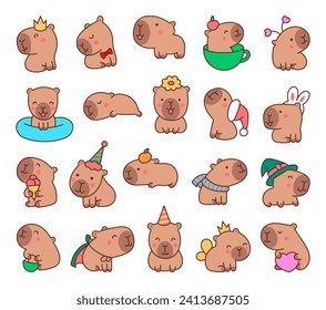 Cute cartoon kawaii capybara. Animal funny characters. Hand drawn style. Vector drawing. Collection of design elements.