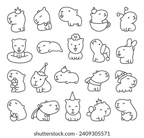 Cute cartoon kawaii capybara. Coloring Page. Animal funny characters. Hand drawn style. Vector drawing. Collection of design elements.