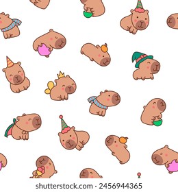 Cute cartoon kawaii capybara. Seamless pattern. Animal funny characters. Hand drawn style. Vector drawing. Design ornaments.