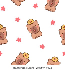 Cute cartoon kawaii capybara. Seamless pattern. Animal funny characters. Hand drawn style. Vector drawing. Design ornaments.