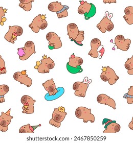 Cute cartoon kawaii capybara. Seamless pattern. Animal funny characters. Hand drawn style. Vector drawing. Design ornaments.