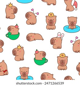 Cute cartoon kawaii capybara. Seamless pattern. Animal funny characters. Hand drawn style. Vector drawing. Design ornaments.