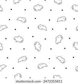 Cute cartoon kawaii capybara. Seamless pattern. Coloring Page. Animal funny characters. Hand drawn style. Vector drawing. Design ornaments.