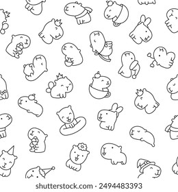 Cute cartoon kawaii capybara. Seamless pattern. Coloring Page. Animal funny characters. Hand drawn style. Vector drawing. Design ornaments.