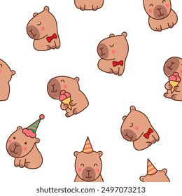 Cute cartoon kawaii capybara. Seamless pattern. Animal funny characters. Hand drawn style. Vector drawing. Design ornaments.