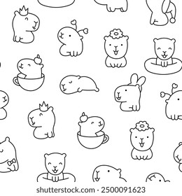 Cute cartoon kawaii capybara. Seamless pattern. Coloring Page. Animal funny characters. Hand drawn style. Vector drawing. Design ornaments.