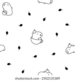 Cute cartoon kawaii capybara. Seamless pattern. Coloring Page. Animal funny characters. Hand drawn style. Vector drawing. Design ornaments.