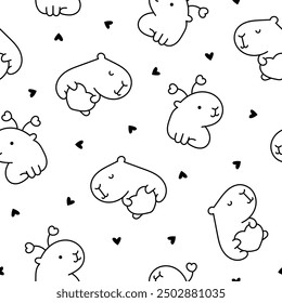 Cute cartoon kawaii capybara. Seamless pattern. Coloring Page. Animal funny characters. Hand drawn style. Vector drawing. Design ornaments.