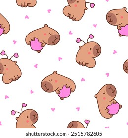 Linda caricatura kawaii capybara. Patrón sin fisuras. Personajes divertidos animales. Estilo dibujado a mano. Dibujo de Vector. Diseña adornos.