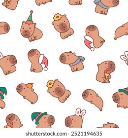 Linda caricatura kawaii capybara. Patrón sin fisuras. Personajes divertidos animales. Estilo dibujado a mano. Dibujo de Vector. Diseña adornos.