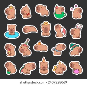 Cute cartoon kawaii capybara. Sticker Bookmark. Animal funny characters. Hand drawn style. Vector drawing. Collection of design elements.