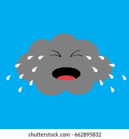 Cute cartoon kawaii cloud with rain drops. Crying sad face emotion. Eyes and mouth. Isolated. Blue sky background. Baby character collection. Funny illustration. Flat design. Vector illustration