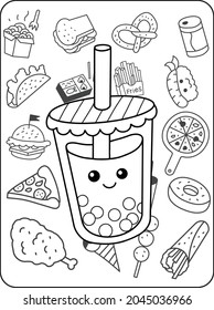 Cute cartoon kawaii coloring page. Coloring book anti-stress. fast food doodle. Black and white illustration.