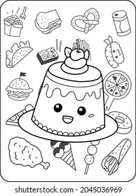 Cute cartoon kawaii coloring page. Coloring book anti-stress. fast food doodle. Black and white illustration.