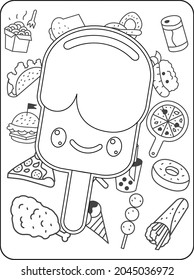 Cute cartoon kawaii coloring page. Coloring book anti-stress. fast food doodle. Black and white illustration.