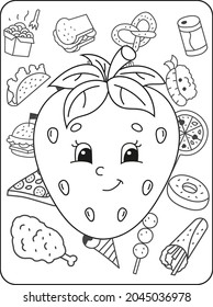 Cute cartoon kawaii coloring page. Coloring book anti-stress. fast food doodle. Black and white illustration.