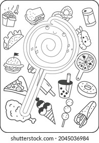 Cute cartoon kawaii coloring page. Coloring book anti-stress. fast food doodle. Black and white illustration.