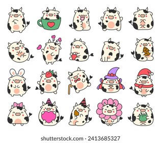 Cute cartoon kawaii cow. Animal funny characters. Hand drawn style. Vector drawing. Collection of design elements.