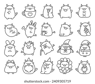 Cute cartoon kawaii cow. Coloring Page. Animal funny characters. Hand drawn style. Vector drawing. Collection of design elements.