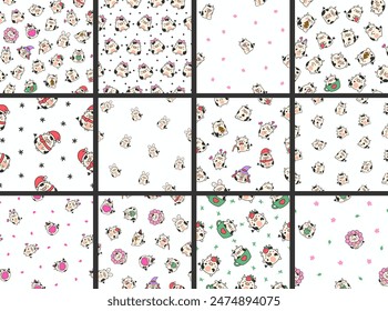 Cute cartoon kawaii cow. Seamless pattern. Animal funny characters. Hand drawn style. Vector drawing. Collection of design ornaments.