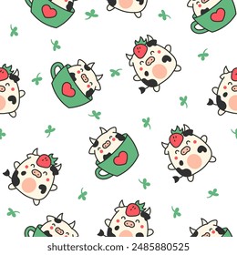 Cute cartoon kawaii cow. Seamless pattern. Animal funny characters. Hand drawn style. Vector drawing. Design ornaments.