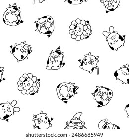 Cute cartoon kawaii cow. Seamless pattern. Coloring Page. Animal funny characters. Hand drawn style. Vector drawing. Design ornaments.