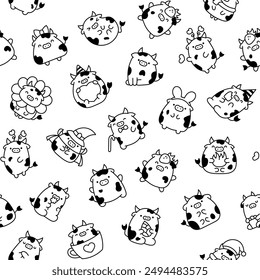 Cute cartoon kawaii cow. Seamless pattern. Coloring Page. Animal funny characters. Hand drawn style. Vector drawing. Design ornaments.