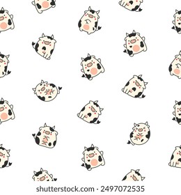 Cute cartoon kawaii cow. Seamless pattern. Animal funny characters. Hand drawn style. Vector drawing. Design ornaments.