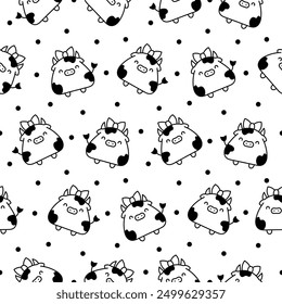 Cute cartoon kawaii cow. Seamless pattern. Coloring Page. Animal funny characters. Hand drawn style. Vector drawing. Design ornaments.