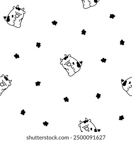 Cute cartoon kawaii cow. Seamless pattern. Coloring Page. Animal funny characters. Hand drawn style. Vector drawing. Design ornaments.