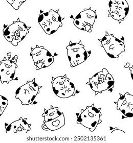 Cute cartoon kawaii cow. Seamless pattern. Coloring Page. Animal funny characters. Hand drawn style. Vector drawing. Design ornaments.