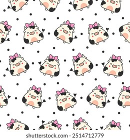 Cute cartoon kawaii cow. Seamless pattern. Animal funny characters. Hand drawn style. Vector drawing. Design ornaments.