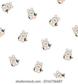 Cute cartoon kawaii cow. Seamless pattern. Animal funny characters. Hand drawn style. Vector drawing. Design ornaments.