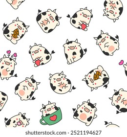 Cute cartoon kawaii cow. Seamless pattern. Animal funny characters. Hand drawn style. Vector drawing. Design ornaments.