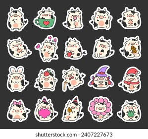 Cute cartoon kawaii cow. Sticker Bookmark. Animal funny characters. Hand drawn style. Vector drawing. Collection of design elements.