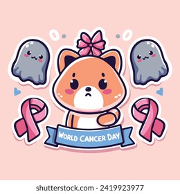 Cute cartoon kawaii dog with ribbon. Vector illustration. World Cancer Day.