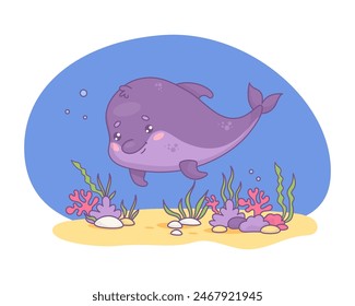 Cute cartoon kawaii dolphin. Underwater world with seaweed and funny character animal. Vector illustration 